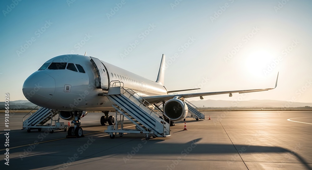 Obraz premium A commercial jet parked on tarmac with boarding stairs, bathed in the golden light of sunset