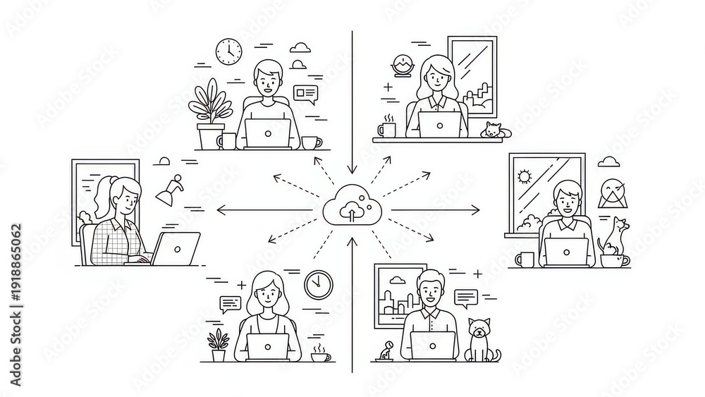 Obraz premium Remote team collaboration via cloud technology, people working from home connected to central server