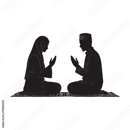 Devout in Silhouette: A silhouetted image captures a Muslim couple engaged in prayer, creating a sense of reverence and faith.