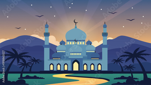 Illuminated Blue Mosque Beneath Desert Twilight