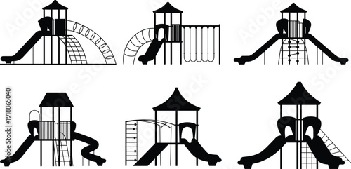 Playground structures silhouettes set, slides climbing ladders rope nets swings shaded platforms, children play area design, outdoor recreation icons, park equipment illustration collection