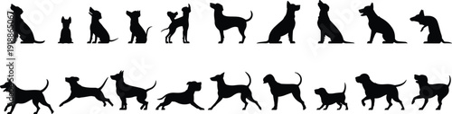 Dog silhouettes icon set, sitting standing walking playing poses, diverse canine breeds illustration, pet animal design, domestic dog symbols, black silhouette collection