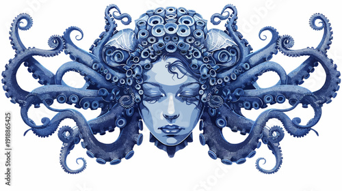 Artistic depiction of a woman with octopus tentacles in shades of blue
