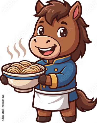 This delightful cartoon horse, dressed as a chef, presents a steaming bowl of noodles, embodying culinary talent, joy, and the whimsical nature of animated characters in food culture.