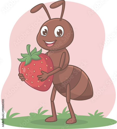 This cartoon ant beams with joy as it carries a giant strawberry, symbolizing hard work, reward, and the adventurous spirit of nature's smallest creatures in a humorous context.