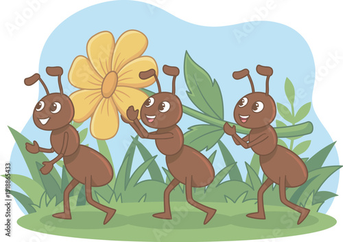 A charming scene showing cheerful ants collaborating to carry a large flower through lush grass, highlighting teamwork, persistence, and the beauty of nature's smallest creatures.