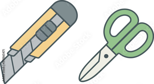 An illustration depicting a utility knife and scissors, essential tools for crafting and repairs, showcasing their sleek design and functional appeal for various tasks.