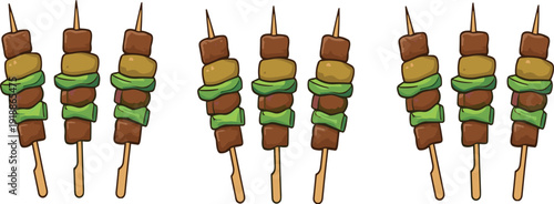 Grilled meat and vegetable skewers collection with barbecue food vector illustration isolated design set
