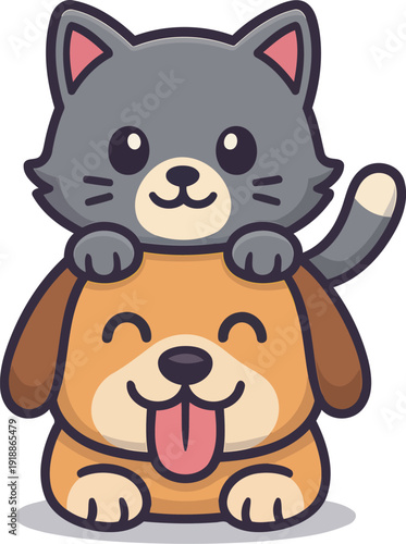 A charming illustration featuring a playful cat sitting atop a joyful dog, embodying the friendship and camaraderie often found between pets in our lives.