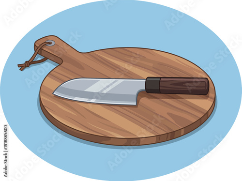 This image features a sleek kitchen knife positioned on a rustic wooden cutting board, perfect for culinary-themed projects and food preparation concepts.