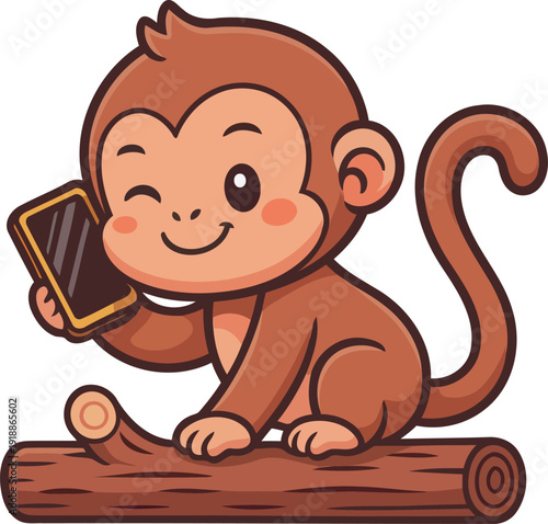 A playful cartoon monkey grinning while holding a smartphone, sitting on a log, reflecting a blend of fun and technology in nature-themed designs and children's products.