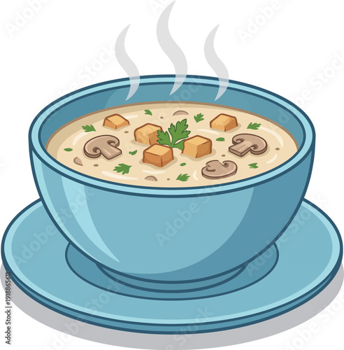 A warm bowl of soup, garnished with ingredients and emitting steam, evokes comforting feelings of home cooking and cozy meals, perfect for food-related themes and products.