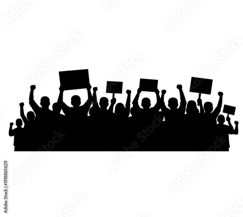 Protest Crowd Silhouette with Raised Hands and Placards Isolated on Transparent Background