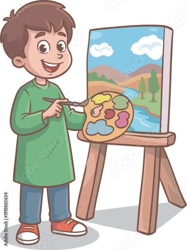 A cheerful child explores creativity while painting a vivid landscape on an easel, reflecting the joy of artistic expression and the adventure of imagination in childhood.