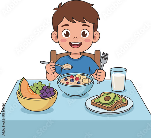 A young boy joyfully enjoys a nutritious breakfast featuring fruits, cereal, and toast, emphasizing the importance of healthy eating habits and a happy family life.