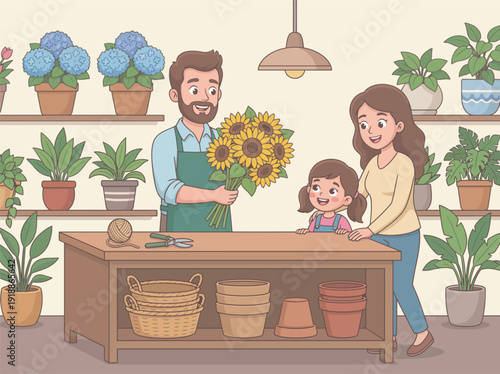 A cheerful family interacts in a flower shop, showcasing beautiful sunflowers, plants, and a joyful connection between the adults and the child, highlighting togetherness.