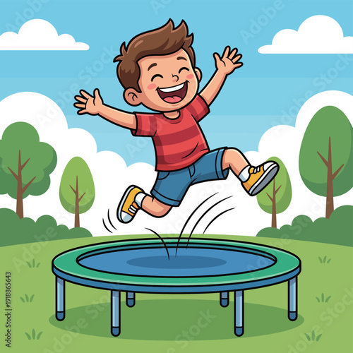 A delighted boy leaps joyfully on a trampoline, surrounded by greenery, symbolizing childhood playfulness and the simple joys of outdoor activities in nature.