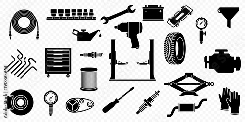 Collection of car repair tools and auto parts silhouettes, featuring engine, tires, wrenches, jack, and garage equipment isolated
