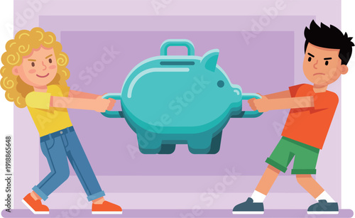 Two children playfully tug on a piggy bank, embodying themes of sharing, cooperation, and rivalry while highlighting the excitement of saving and financial literacy from a young age.