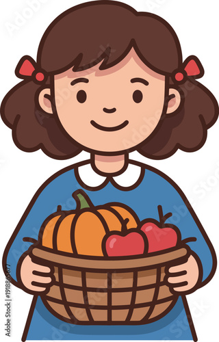 A cheerful girl is holding a basket filled with a vibrant pumpkin and shiny red apples, showcasing the bounty of autumn and the joy of harvest season.