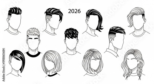 Collection of diverse hairstyles for men and women in 2026.