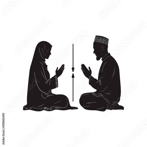Devout Worship: A silhouette illustration captures the serene essence of prayer, a figure of a woman and a man, each deeply immersed in worship.