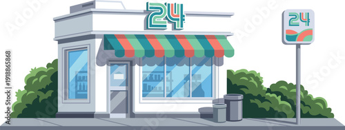 A stylish illustration of a modern convenience store, featuring vibrant colors and a classic design, perfect for marketing materials related to retail and shopping experiences.