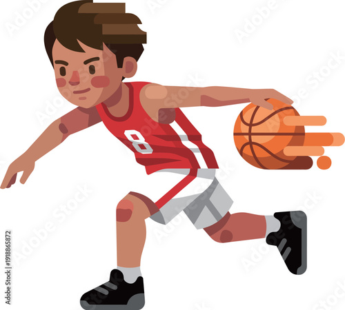 A dynamic illustration of a boy dribbling a basketball in motion, showcasing energy and athleticism, perfect for sports-related designs and themes.
