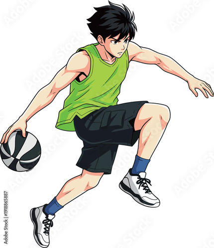 An energetic illustration of a boy leaping while holding a basketball, symbolizing skill and agility, ideal for athletic themes and sports promotional materials.