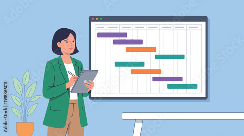 A focused woman analyzes a Gantt chart on a digital screen, highlighting project timelines and milestones, essential for effective project management and strategic planning in business.