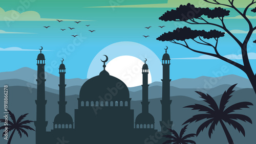 Teal Night Mosque With Crescent Moon