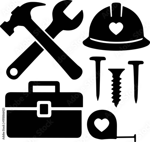 Father's day Essential Home Improvement Tools & Construction Worker Icons with Heart Symbols – A Vector Collection for DIY, Repair, and Dedicated Craftsmanship