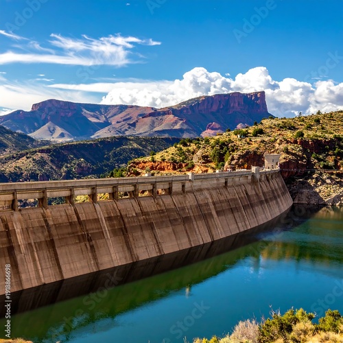 A concrete dam on a serene lake with mountains