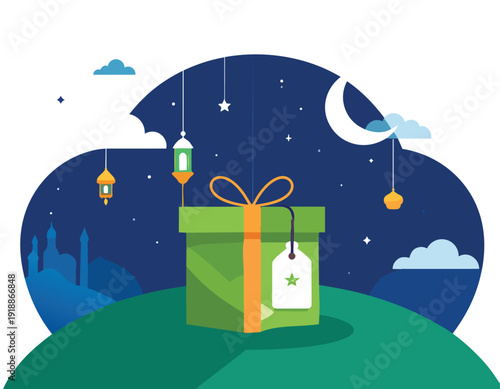 Gift Under The Night Sky: An illustrated image presents a beautifully wrapped gift box atop a stylized landscape, with a serene night sky filled with stars and crescent moon.