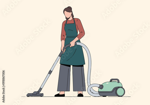 Woman vacuuming with a modern cleaner, performing household chores illustration