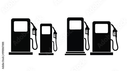 Four gas pumps stand in a row a stark black silhouette