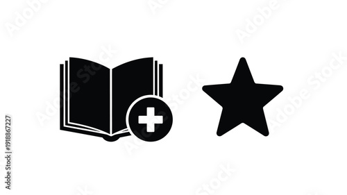Open book and star icons with a plus sign black silhouette
