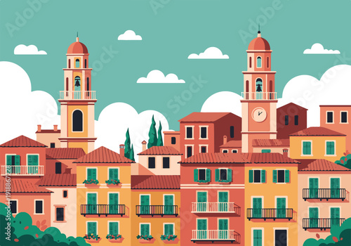 Colorful Mediterranean-style town with classic architecture and bell towers