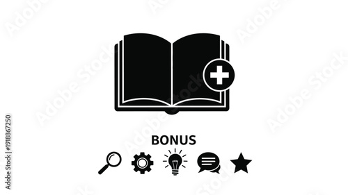 Open book with medical cross symbol and bonus icons silhouette