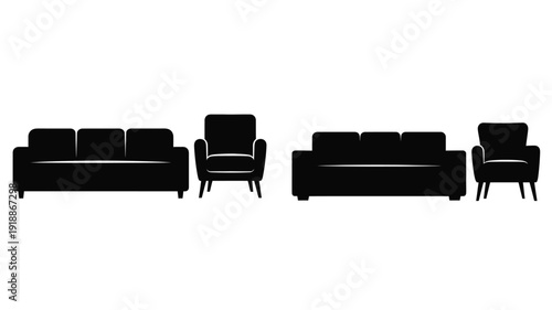 Black furniture arrangement depicting sofas and armchairs a minimalist silhouette