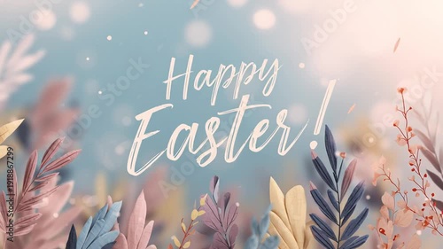 Easter greeting with colorful leaves and soft background seen during spring months in a festive design