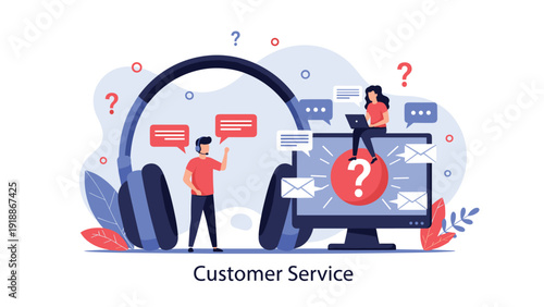 Customer service illustration shows support representatives assisting users through digital communication and online troubleshooting tools.
