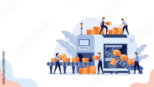 Industrial manufacturing scene depicts workers managing the distribution of packages on a sophisticated automated conveyor belt system.