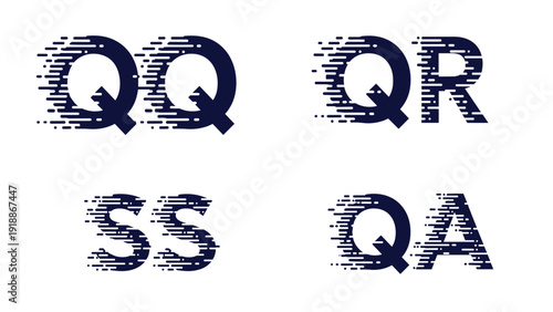 Collection of stylized letter pairs uses a motion blur effect to represent speed and dynamic quality assurance branding for business.