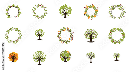 Diverse set of environmental icons features multiple stylized trees and botanical wreaths representing nature and sustainable growth.