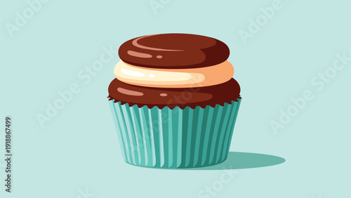 Delicious chocolate cupcake with a thick layer of vanilla cream filling is presented in a bright blue pleated paper liner.