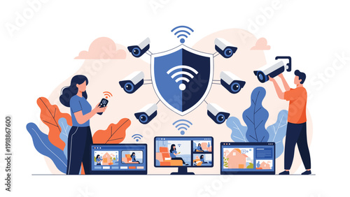 Modern home security and digital surveillance concept features people monitoring live camera feeds protected by a virtual shield icon.