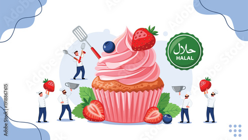Team of miniature pastry chefs collaborates to decorate a massive pink strawberry cupcake certified with a green halal logo seal.