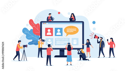 Large group of media professionals and photographers capture content from a giant computer screen displaying social media profiles.