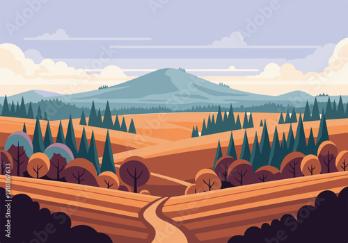 Autumnal Mountain Landscape with Fields and Trees in Flat Design Style